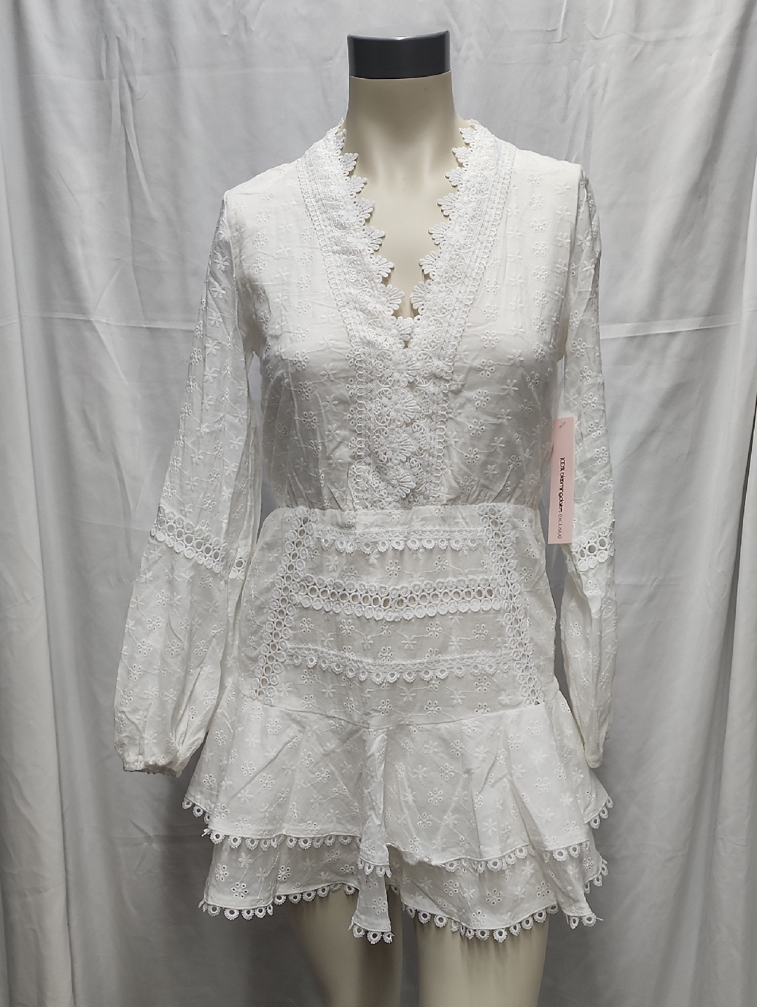 Nwt Aqua White Eyelet Peasant Mini Dress Boho Lace Ruffle Size Small